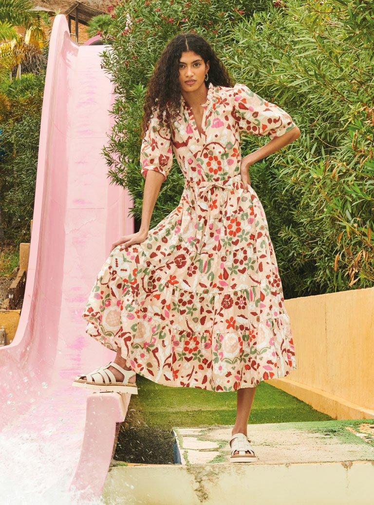 Woman in a printed summer dress